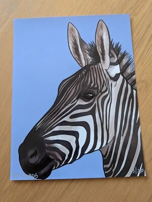 Zebra Pop Art Blue Artwork Illustration Original Print,Limited, Signed by Artist - Image 1 of 4