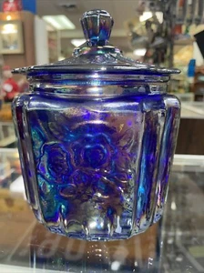 VTG Anchor Hocking Cobalt Iridescent Blue Mayfair Open Rose Cookie Jar EUC - Picture 1 of 5