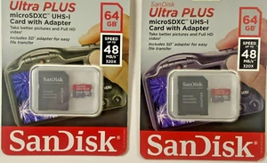 2X SanDisk 64GB Ultra Plus micro SDXC 48MB/S U1 UHS-I SD w/ Adapter Memory Card. - Photo 1 sur 2