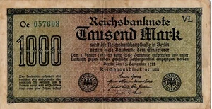1000 Mark Reichsbanknote vom 15. Sep. 1922 Oe 057608 (Aufdr. grün) Serie VL - Bild 1 von 3