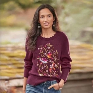 SUNDANCE Birds of Beauty Sweater Floral Pullover Wool Scalloped Boho Medium - Picture 1 of 11