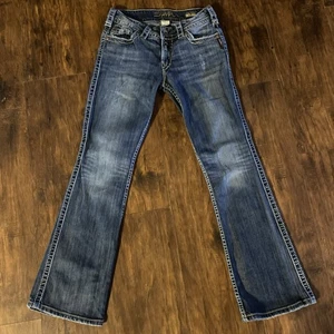 Jeans Plateados Wms Talla 28x28.5 SUKI EXCEDENTE Puntada Gruesa Solapa Bolsillo Bootcut - Imagen 1 de 8