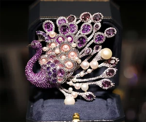 Exquisite and Luxurious Freshwater Pearl Purple Peacock Brooch, Designer's Style - Picture 1 of 4