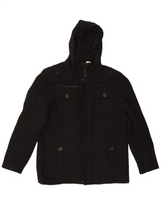 GUESS Mens Hooded Windbreaker Jacket UK 40 Large Black Wool CU10 - Image 1 of 3