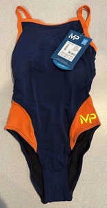 Size 28 Michael Phelps Mid Back Splice Navy Blue Orange  Swimsuit NWT - Picture 1 of 4