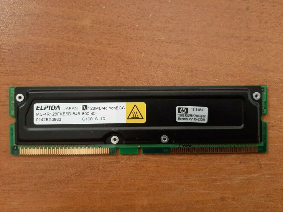 128MB ELPIDA Non-Ecc PC800-45 MC-4R128FKE6D-845 Rambus Rimm / HP P2145-63001 - Immagine 1 di 1
