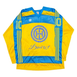 ADIDAS Davos Hockey Mens Jersey Yellow Long Sleeve USA V-Neck XL - Picture 1 of 6