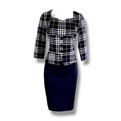 Vestido a cuadros blanco + negro inspirado en la década de 1990, manga 3/4, hasta la rodilla se ajusta AU 10-12 Foto 1 de 4