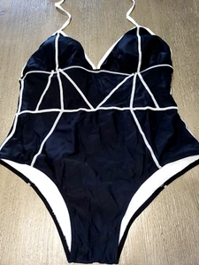 Mujer XXL NUEVO Negro Blanco Ribete 1 PIEZA TRAJE DE BAÑO lazos alrededor del cuello BONITO  - Imagen 1 de 2