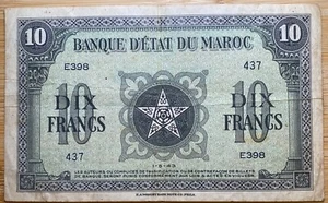 BILLET 10 FRANCS BANQUE D’ ÉTAT DU MAROC 1/05/1943  (BILL 168) RECHERCHÉ - Picture 1 of 2