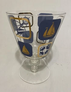 Vintage MCM Nautical Glass Apothecary Jar (NO Lid) Blue & Gold 6.75" x 5" x 4.5" - Picture 1 of 6