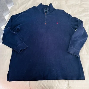 Polo Ralph Lauren Pullover Mens 2XLT Sweater Quarter Zip Navy Leather Tab - Picture 1 of 9