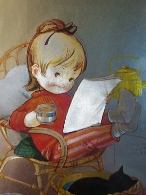 Elevenses de arte en papel aluminio enmarcado vintage niño pequeño con gato, periódico Mabel Lucie Atwell Foto 1 de 4