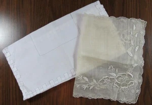 Lote de 2 bufandas vintage geométricas florales de lino marfil blanco - Imagen 1 de 12