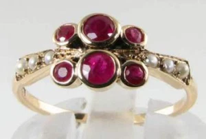 9K 9CT GOLD RUBY PEARL ETERNITY BAND ART DECO INS STACK ABLE RING FREE RESIZE - Picture 1 of 5