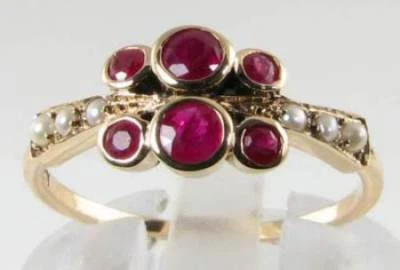 9K 9CT GOLD RUBY  PEARL ETERNITY BAND ART DECO INS STACK ABLE RING FREE RESIZE - Image 1 of 4