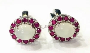 Natural Moonstone & Heated Ruby Gemstone with 925 Sterling Silver Cufflink #2347 - Picture 1 of 3