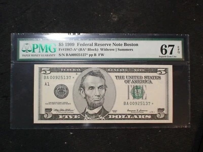 1999 Five Dollar PMG SUPERB GEM UNC 67 EPQ BOSTON DISTRICT STAR NOTE $5 Bill! - Image 1 of 4