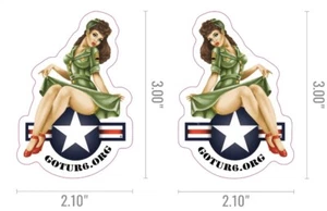 WWII Bomber GotUr6 pinup girl 2x3 opposing stickers. Brunette, GotUr6org - Picture 1 of 2