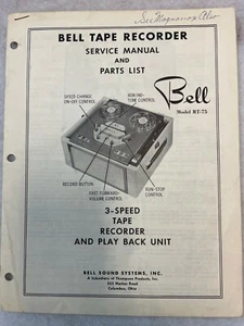Vintage Rare Bell Tape Recorder Service Manual & Parts List Model RT-75 - Picture 1 of 2