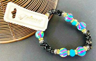 BRACELET: Double-stretch elastic DURO DIPPED MULTI COLORED BEAD W/BLACK CRYSTAL  - Image 1 of 4