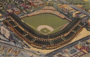 c.1940 Aerial View Cubs Wrigley Field Chicago IL post card Baseball Linen - Picture 1 of 2