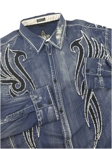 Camisa Roar Para Hombre 3XL Azul Blanco Bordada Western Vibrante Manga Larga Hebilla - Imagen 1 de 5