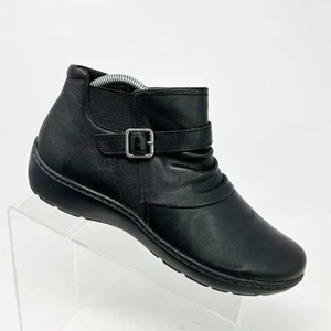 Clarks Women's Cora Ruched Black Leather Flat Ankle Boots Size 9.5 Fall Cushion - Picture 1 of 13