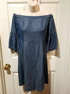 Kaari Blue Off Shoulder Dress 3/4 Sleeves Denim Look Size 6   Zipper Back - Picture 1 of 11