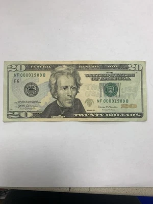 20 Dollar Bill, Low Serial #, Birthday Year (1989), 4 Of A Kind 0’s, NF00001989B - Image 1 of 4