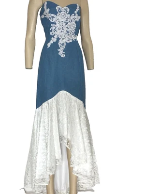 Blue Denim and White Lace. Hi Lo Sweetheart Western Dress, Size 10  - Image 1 of 4