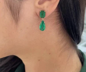 Natural Green Emerald 3.20Ct Pear Cut Drop Earrings 14k Yellow Gold Plated - Picture 1 of 6
