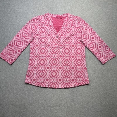 Fresh Produce Top Women Medium Pink Print V Neck Roll Tab Casual Comfort Art - Image 1 of 4