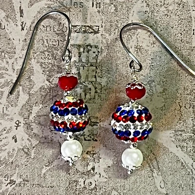 Silver Tone Red/White/Blue Glass Pearl Beads Dangle Earrings. Patriotism. S124 - Image 1 of 3