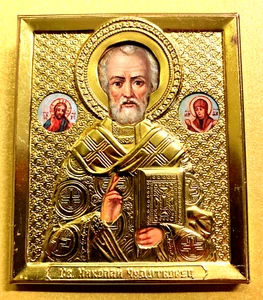 EINE METALLÜBERZOGENE REPRODUKTION IKON DES HEILIGEN NIKOLAUS, von Myra ~ 2 1/2" x 2 3/4" - Bild 1 von 1