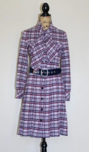 Vintage 70s Act III Burgundy Blue Plaid Polyester Long Sleeve Dress Womens S/M - Picture 1 of 14
