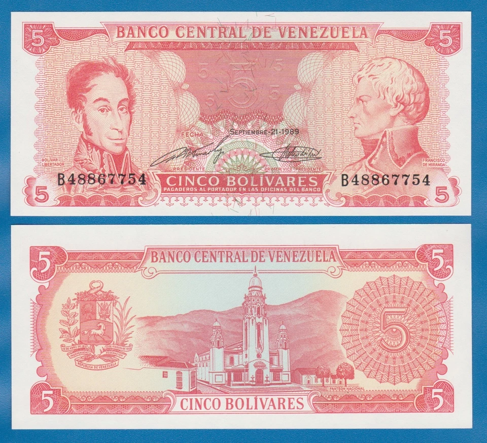 Venezuela 5 Bolivares P 70b 1989 UNC 8 digit Serial number ( P 70 b ) - Image 1 of 1
