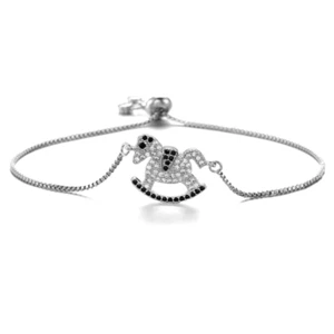 Rocking Horse Black Cubic Zirconia Cute Thin Silver Adjustable Bracelet - Picture 1 of 1