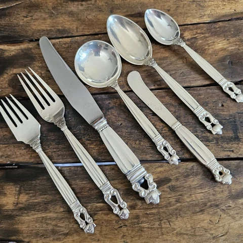 Georg Jensen Sterling Silver Acorn 7 Piece Place Setting Danish Sterling Silver Cover