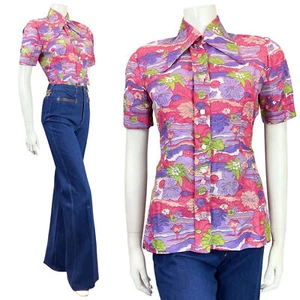 VINTAGE 60s 70s PINK PURPLE GREEN PSYCHEDELIC FLORAL DAGGER SHIRT BLOUSE 10 12 - Picture 1 of 8
