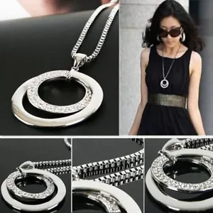 Collana lunga catena donna moda cristallo strass placcato argento ciondolo regali - Foto 1 di 10