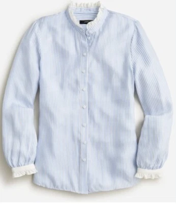 J Crew M drapey ruffle-trim cupro blend shirt in stripe blue and white NWT $148 - Image 1 of 4