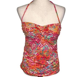 Lauren Ralph Lauren Tankini Top Women 12 Orange Pink Paisley Floral Twist Swim - Picture 1 of 8
