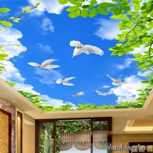 Fotomurales no tejidos papeles pintados de techo cuadros de techo nubes hojas verdes blanco 3049 - Imagen 1 de 4