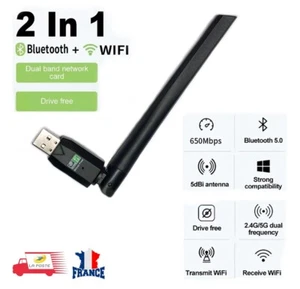 Adaptateur 2 en 1 USB Wifi 600Mbps Double Bande + Bluetooth 5.0 Antenne Externe - Photo 1/7