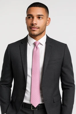Quality Men's Pink & White Polka Dot Tie Wedding Work Formal Accessory - Image 1 of 4
