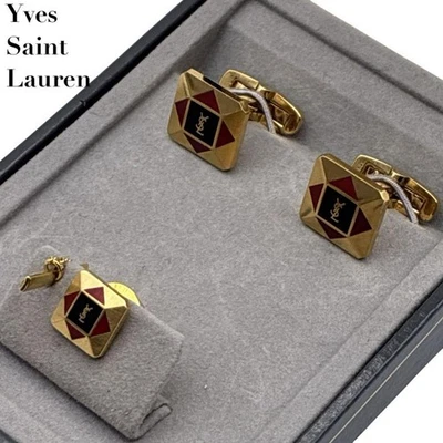 YVES SAINT LAURENT Cufflinks Tie Pin Set YSL Logo Gold 0.6in 0.4in - Image 1 of 4