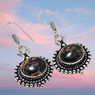 Copper Black Turquoise Gemstone 925 Sterling Silver Earring 1.7" A205 - Image 1 of 4