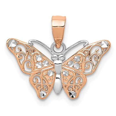 Colgante mariposa de oro rosa de 14k y rodio blanco corte diamante, 18 mm Foto 1 de 4