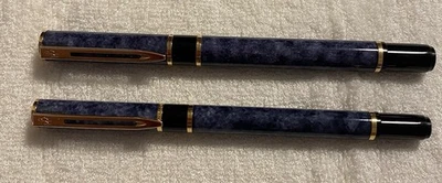 Waterman Laureate II Vintage Fountain and Ballpoint Pen Blue Marble Gold Accents - Image 1 of 4